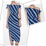 Mango MNG Summer Bare Shoulders Blue Stripe Dress size 14 Photo 2