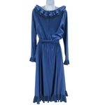 VINTAGE Victor Costa Blue‎ Ruffle Dress Sz 10 Long Sleeve Nylon Tie Belt Blue Photo 2