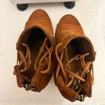 Bamboo Women’s  Brown Tan Suede‎ Zipper Back Lace Sides Peep Toe Heels Size 9 Photo 4