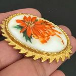 Vintage DODDS Signed Ceramic Christmas Poinsettia Flower Cameo Brooch 21g. Orange Photo 8