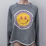 Natural Life  Happy Smiley Face Sweatshirt Crop Gray Medium Flowers Daisy Photo 0