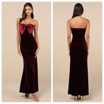 Lulus  Dramatic Stunner Burgundy Velvet Bow Strapless Maxi Dress Photo 1