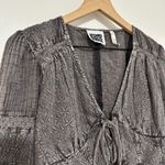 RECLAIMED VINTAGE | Charcoal Corset Embroidered Tie Front Fringe Cropped Top, 6 Gray Photo 4