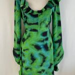 Topshop New  Printed Ruffle Neck Split Cuff Long Sleeve Short Dress Green Size 4 Photo 5