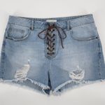 Forever 21 Y2K Lace-up Jean Shorts Women's Size 12 Light Blue Distressed Denim Photo 1