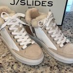 J/Slides Leslie Sheep Hair Trimmed Leather Sneaker Shoes Size 6 Tan White Photo 6