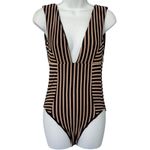 l*space L Black Rose Gold White Striped Deep V Neck One Piece Swimsuit size 4 Photo 1
