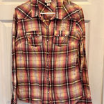 Mossimo Womens Flannel‎ Western Top L Pink Plaid Pearl Snap Long Sleeve Jrs NWT Size L Photo 0