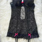 Dreamgirl Lingerie Y2K Black Floral Lace Babydoll Dress Medium Garters Neon Pink Photo 2