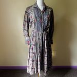 Vintage 70s HenryLee Paisley Print‎ Shirt Dress Long Sleeve Pleated Skirt Small Gray Photo 4