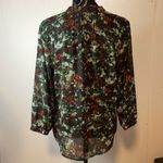 Willi Smith Floral Print Blouse Green Red Sheer Pleated V Neck Long Sleeve Top Photo 2