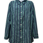Susan Graver Navy Green Stripe Button Front Blouse LP Collared Stretch Top Photo 0