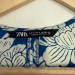 ZARA  Satin Blue and White Floral Long Sleeve Dress Photo 4