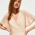 ZARA Sequin Sheer Flounce Sleeve A-Line Wrap Mini Dress Blush Pink Size Medium Photo 0