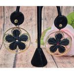 None Cute Boho Gold Tone & Black Raffia Floral Flower Statement Drop Dangle Earrings Photo 4