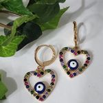 Gold Filled Multi Color Zirconia Heart Evil Eye Huggie Earrings Photo 0