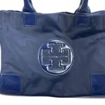 Tory Burch  Small Ella Patent Leather Tote Bag Nylon Purse Navy Blue Photo 6