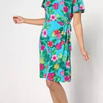 Susan Graver  QVC Size L Liquid Knit Faux Wrap Dress in Green Tropical Photo 0