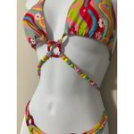 Tiger Mist  Retro Floral Print Halter Bikini Set Beaded Ring Accents XS Photo 3