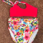 Summer Mae Red Halter Bikini Top High Waist Floral Print Swimsuit Set Size XL Pink Photo 0