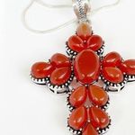 925 Sterling Silver Handmade Carnelian Gemstone Cross Necklace Womens Jewelry Orange Photo 0