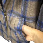 V Los Angeles Wool Blue Gray Plaid Zip Pea Coat Jacket Hooded Double Breasted L Size L Photo 6