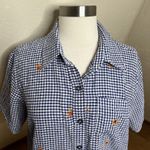 Quacker Factory  Shirt Womens Medium Blue Gingham Crab Jeweled Print Button Up Photo 2