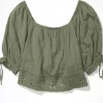 American Eagle Olive Green Eyelet Half Sleeve Wide Neck Puff-Sleeve Blouse XL Photo 2
