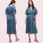 Kate Spade  • Belted Satin Midi Dress ruffle trim short sleeve Antique Blue Photo 16
