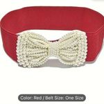 An elegant solid colored elastic waistband with a wide imitation pearl bow Red Photo 3