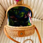 Woven Rattan Round Purse with Leather Strap and Tropical Lining Tan Photo 10