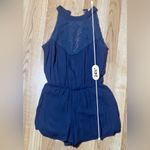 A'Gaci A’GACI Navy Blue Romper Lace Line Slit Back Stretchy Short Sleeveless size small Photo 4