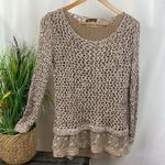 John Fashion Taupe Tan Crochet & Lace Layered Long Sleeve Sweater Blouse Top L Size L Photo 0