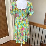 Umgee  Floral Mini Dress - blue green pink smocked back L Photo 2