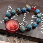 Handmade Boho Beaded Stretch Bracelet Red Floral Glass Centerpiece Blue Swirl Photo 7
