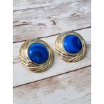 Vintage Clip On Earrings Bright Blue with Gold Tone Large Chunky Halo Statement Photo 2