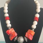 Vintage Chunky Raw Red Coral, White Coral and Tibetan Silver Bead Boho Necklace Photo 0