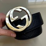 Gucci 100% Authentic  ssima Black Logo Leather Gold Interlocking G Buckle Belt 85/34 Photo 0