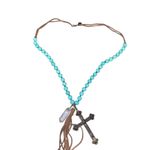 Boho Turquoise Beaded Cross Necklace w/ Suede Tassel & Charms Western Style Brown Photo 2