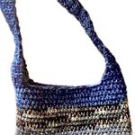 Crochet Shoulder Bag. Crossbody Knitted Woven Hobo Style w/ Blue & Tan Soft Yarn Photo 2