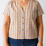 a.n.a  Women's Box Cut Plaid Blouse - Size Petite XL - Short Sleeve Button Front Photo 0