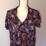 Lands' End Womens Size 10 Petite Top Paisley Neck Tie Short Sleeve Pintuck Maroon Photo 2