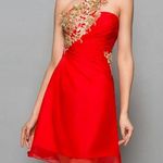 BRIDESS One Shoulder Pageant Prom Cocktail Dress w/ Gold Embroidery Size 4 Red Photo 0