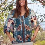 Johnny Was Aran Georgia 100% Silk Floral Boho Ruched Sleeves Tassel Trim Top Photo 2