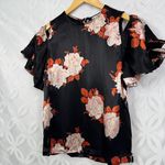 Ganni  Cold Shoulder Floral Satin Ruffle‎ Sleeve Blouse Size XS Photo 2