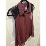 Maroon Sheer And Faux Leather Top Medium Women’s Sleeveless Shirt Blouse Button Red Photo 2