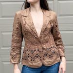 Yoana Baraschi Vintage Tan Linen Bohemian Floral lace Cut Out Blazer Jacket Size 10 Photo 3