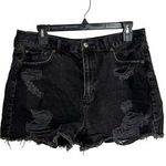 American Eagle  High Rise Denim Mom Short Distressed Black Raw Hem Shorts Size 12 Photo 0