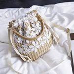 Exquisite Beach Clutch Purse Bag Bucket Bag Lace Handmade Straw Woven Sling Handbag Shoulder Crossbody Bag for Women, Beige, One Size Photo 2