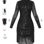 Pretty Little Thing Black Bodycon Long Sleeve Dress Sheer Sleeves Beaded Photo 2